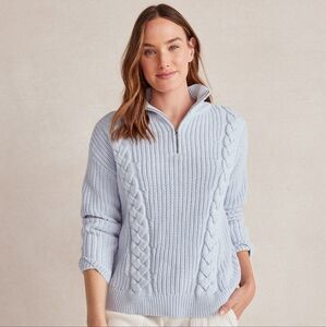 Talbots Haven chunky knit shaker stitch half zip cable knit sweater powder blue